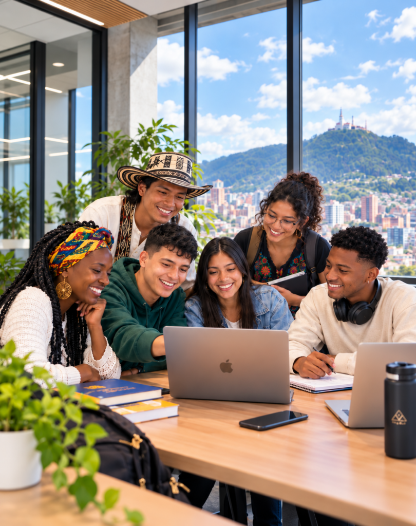 Equipo interdisciplinario trabajando con tecnología educativa y analítica